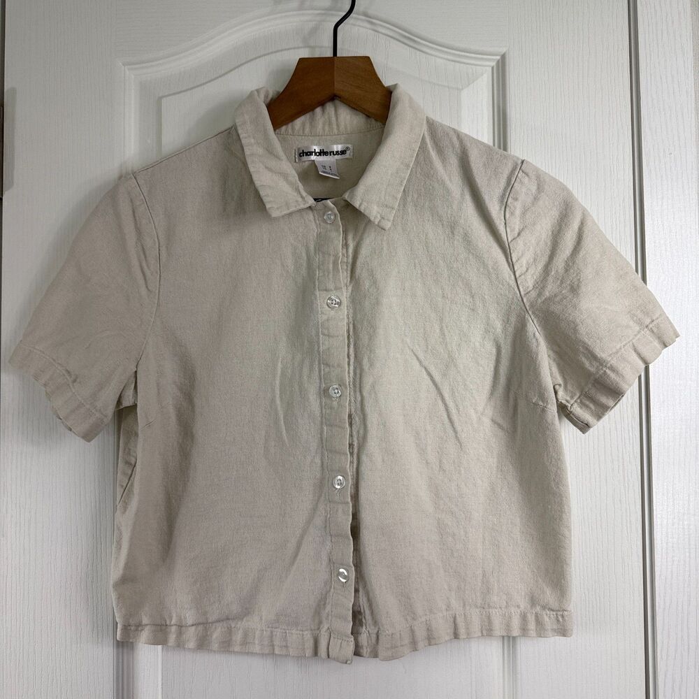Charlotte Russe Womens Top Small Beige Button Front Collared Crop Shirt